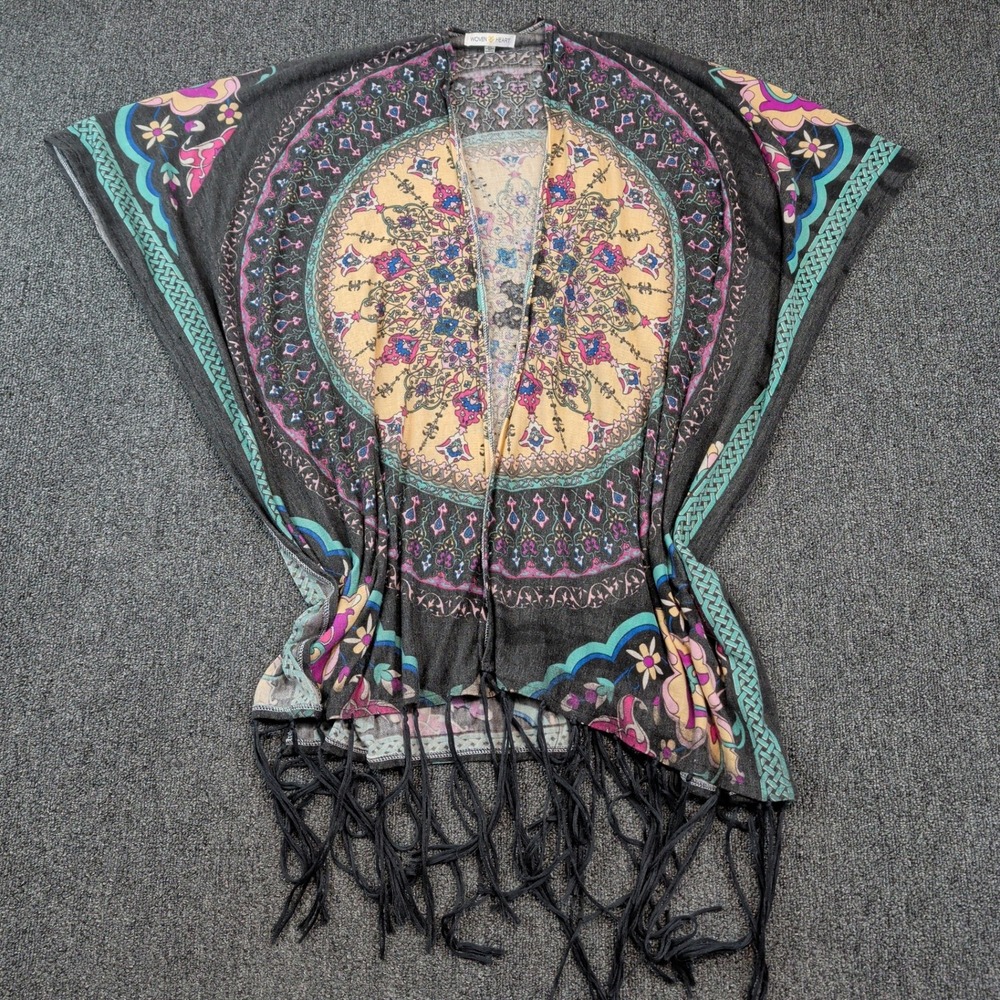 Woven Heart Boho Mandala Fringe Kimono Wrap XL Black Pink Festival Cardigan